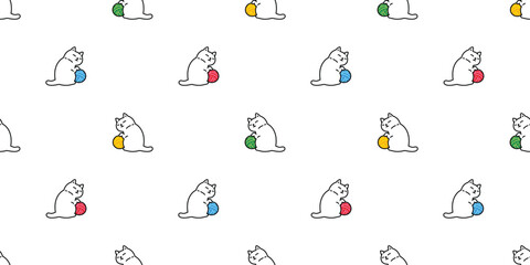 cat seamless pattern yarn ball kitten calico doodle cartoon pet animal illustration tile background gift wrapping paper scarf isolated repeat wallpaper