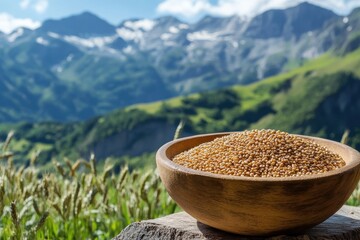 Grains in a wooden bowl against a backdrop of stunning mountains and clear sky during daylight, Wooden bowl filled with grains, set against backdrop of scenic mountains