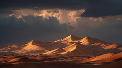 Layered sand dunes under dramatic clouds, Sahara sunset mood, natural beauty in focus