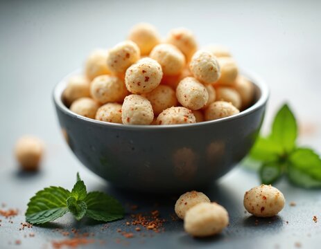 Roasted fox nuts in bowl. Healthy snack food. Organic foxnuts or makhana ready-to-eat. Crunchy puffed lotus seeds with seasoning. Traditional indian food, healthy lifestyle concept.