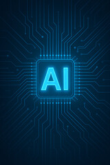 Artificial Intelligence Chip and Digital Circuit – Glowing AI Processor with Futuristic Neural Technology Background, Blue Tech Circuit Board Design