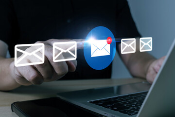 business man read and send mail message on laptop computer, chat message, cyber security, digital...