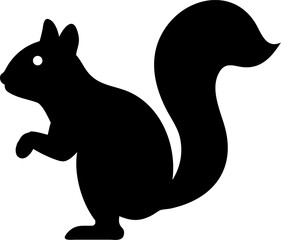 Cute cartoon animal illustration of a black silhouette squirrel with a bushy tail, sitting on a branch