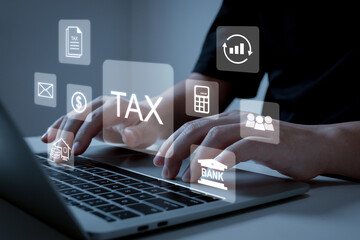 Tax Management Online. business people hand analysis and calculating budget cost on laptop computer, pay tax online, wealth management, document management, digital marketing, business finance concept