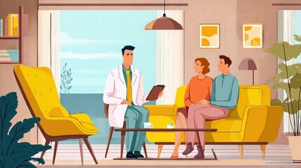 Fototapeta premium Minimal vector illustration of medical consultation with male doctor, couple in modern interior