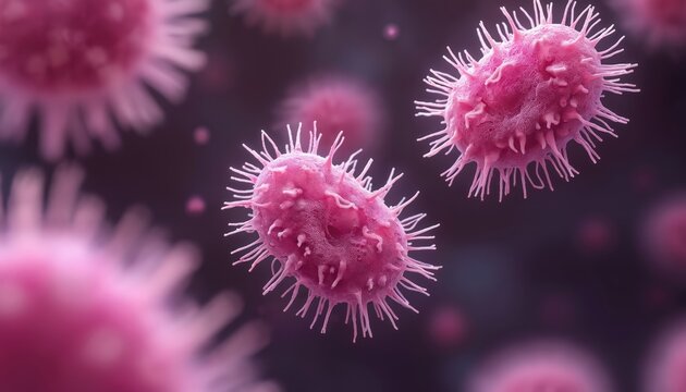Microscopic view of Chlamydia trachomatis bacteria. Highlighting small intracellular form, pink color within human cell, showing detail structure. Health, science, research concept.