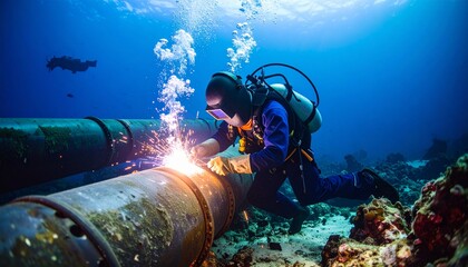 Underwater Welder Repairing Submerged Pipeline Ocean Engineering