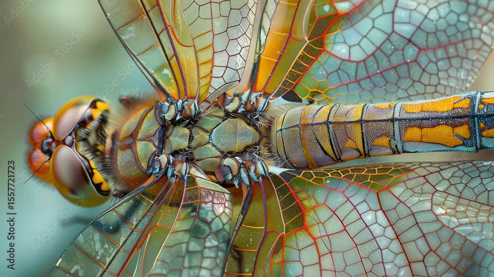 Poster close-up exploration of a vibrant dragonfly featuring intricate details and colors in high-quality 4