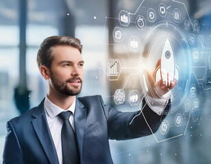 A businessman uses a startup digital interface, visualizing a modern, 3D rendering concept for business success.