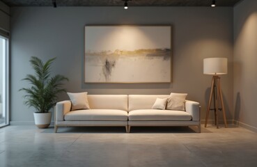 Modern minimalist living room interior with sofa, large art on wall, floor lamp. Comfortable home decor concept. Ideal for product display, home design interior design projects. Calm aesthetic