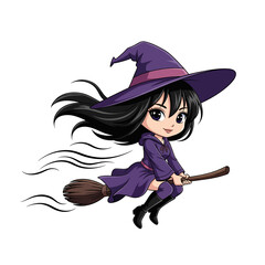 Adorable young girl witch flying away on her magical broomstick - isolated white background cartoon illustration