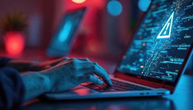 programmer uses laptop, alert sign, virus detection concept. Coding, data security, cyberattack, threat, digital warning, caution sign on screen. Futuristic technology, data protection, information - Powered by Adobe