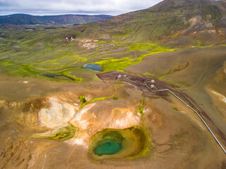 Aerial drone view of small volcanic Krafla lake with azure water, Iceland