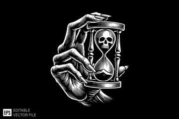 a scary hand holding hourglass ark art illustration black and white design in black background