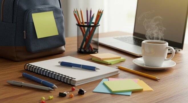 A clean flat lay of back-to-school essentials: a spiral notebook, pens, pencils, a backpack, colorful sticky notes, and a cup of coffee on a wooden desk. In the background, there's a laptop and a soft