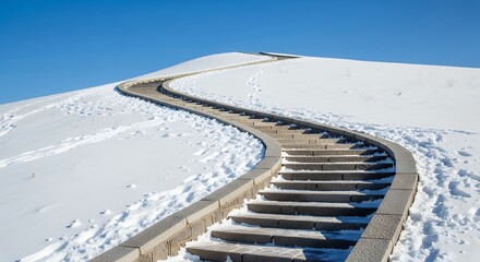 Climbing Snowy Hill Steps Path in Winter Landscape