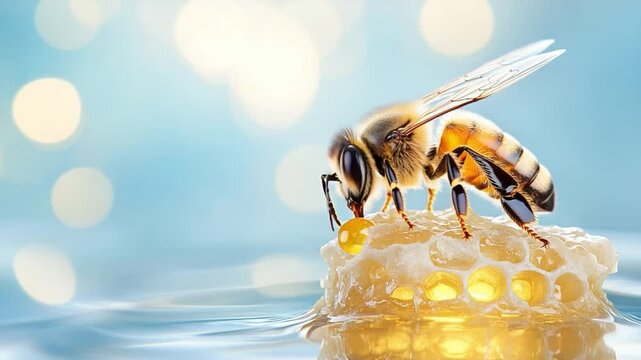 Honeybee and Honeycomb: A close-up captures a honeybee delicately feeding on golden honey, highlighting the harmony of nature and the essential role of pollinators.