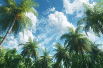 Fototapeta premium Swaying palm trees in the breeze under a bright sky with fluffy clouds, Swaying Palm Trees in the Breeze, seamless background
