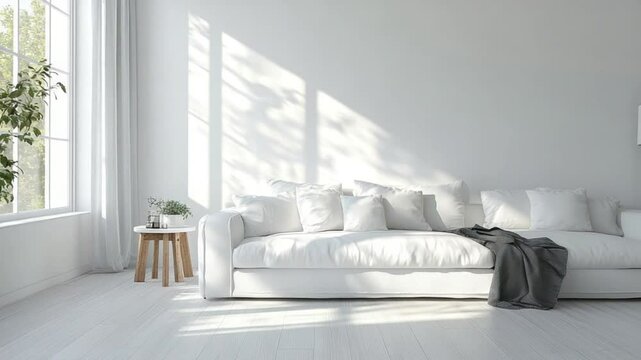 Bright, minimalist living room with a white sofa