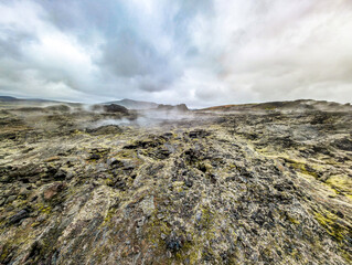 Aerial view of Krafla Lava Fields Leirhnjukur. Iceland