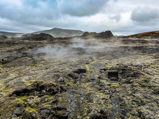 Aerial view of Krafla Lava Fields Leirhnjukur. Iceland