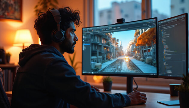 Indian game designer works on computer in modern office. Man uses 3D modeling software for video game development. Creative artist animates characters, creates levels, digital art.