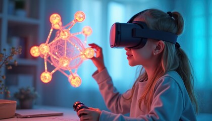 Young girl uses VR glasses learning molecular model chemistry at home. Child interacts with 3D molecule using VR headset, controllers. Concept of education innovation, virtual reality, future tech.