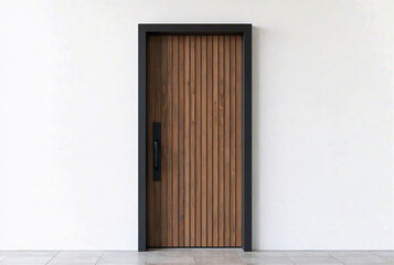 Modern Minimalist Wooden Door with Black Frame on White Wall


