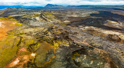 Aerial view of Krafla Lava Fields Leirhnjukur. Iceland