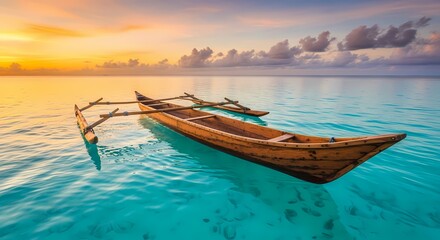 Naklejka premium Serene Sunset Traditional Outrigger Canoe at Calm Sea