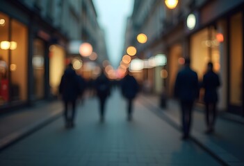 Abstract Blurred Urban City Street with People Walking and Light Bokeh – Modern Lifestyle and City Ambience Background


