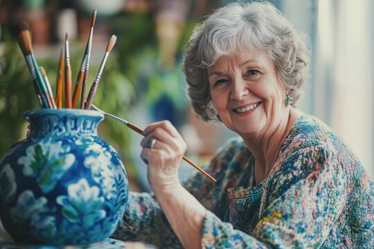Senior woman artist paints a ceramic vase in a bright studio filled with art supplies and plants, Happy senior woman artist painting a ceramic vase - Powered by Adobe