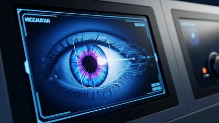 Biometric eye scan with data processing on a futuristic monitor, showing an eye opening and closing sequence footage. - Powered by Adobe