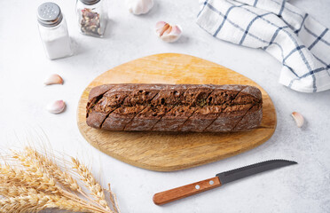 Rye bread with garlic sprinkled