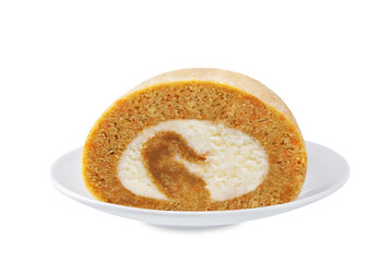 Carrot cake roll with cream cheese filling on a white isolated background