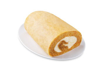 Carrot cake roll with cream cheese filling on a white isolated background