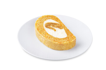 Carrot cake roll with cream cheese filling on a white isolated background