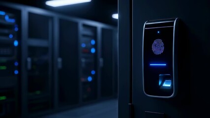 Biometric security system glowing with fingerprint scan icon on a dark data center server door, access footage. - Powered by Adobe