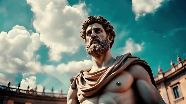 The iconic Marcus Aurelius statue, Greek Philosopher Statue rests in the heart of a historic urban space under blue cloudy sky