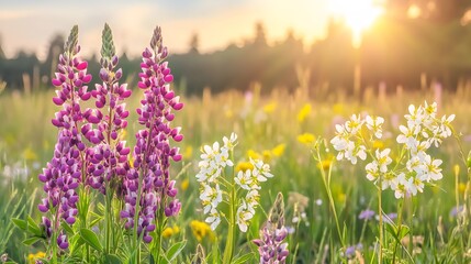 Fototapeta premium Sunset Meadow Lupine Flowers Landscape