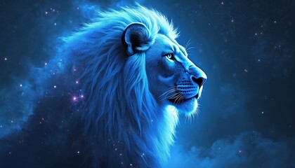 Naklejka premium Fantasy illustration lion head galaxy art. Lion head profile. Majestic animal against space galaxy background. Nebula stars glow. Magical blue light. Conceptual design for poster print.