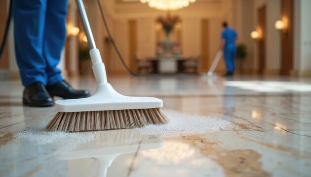 Cleaning staff polishes marble floors in grand hotel lobby. Person in uniform uses brush, cleaning service job. Professional housekeeping work in luxury building. Clean floor reflection.