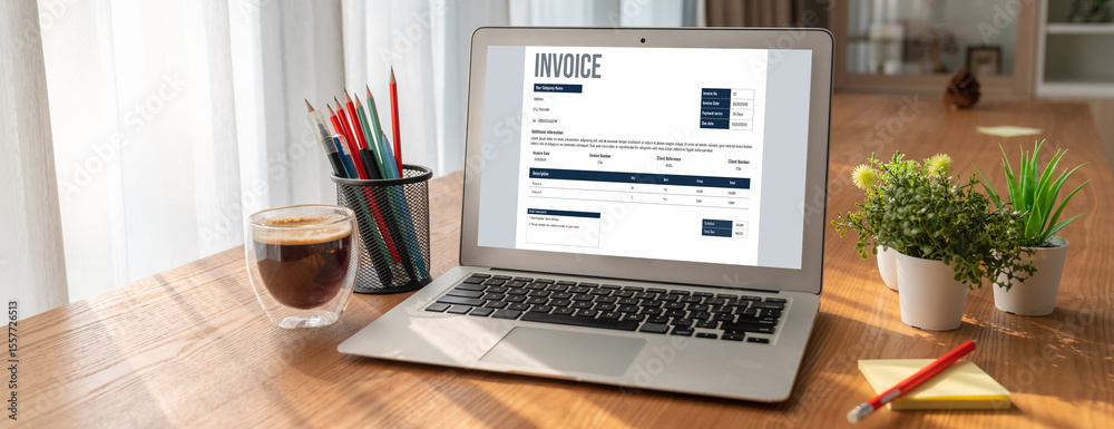 Poster invoice on computer screen from accounting application. computer program for financial and budget of