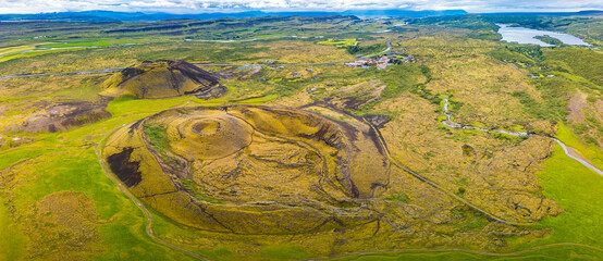 Aerial drone view of the Grabrok Volcano crater in Iceland