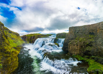 Obraz premium Aerial drone view of Fosslaug waterfall, Iceland