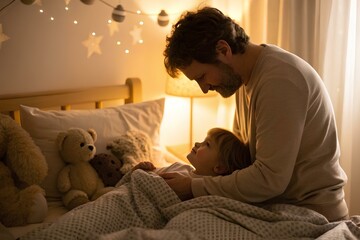 Parent sitting beside a child tucked into a soft blanket with stuffed animals and a warm bedside lamp illuminating a serene bedroom moment