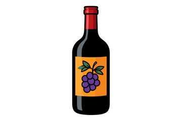 Illustration of a Red Wine Bottle with Grape Label on a White Background