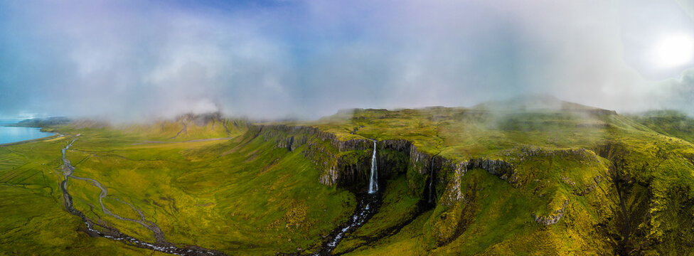 Aerial shots of Grundarfoss Waterfall, on Snaefellness peninsula, Iceland
