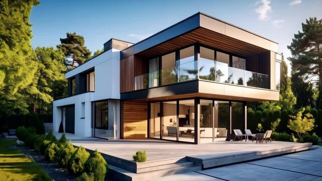 Modern cubic house with wood cladding, flat roof, glass walls, a garden, green grass, and trees, shot in the afternoon with bright daylight.