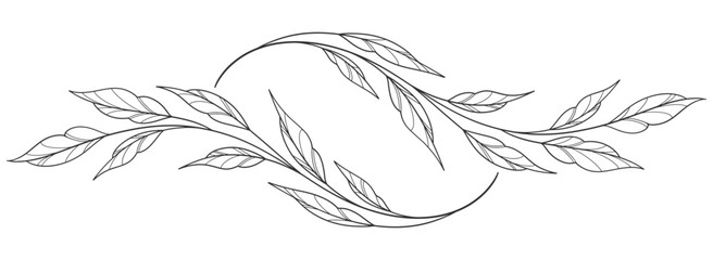 floral leaves line art isolated on white background. Divider doodle leaf and flowers, nature border decorative element vector illustration